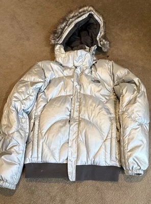 Women’s Goose Down North Face Faux fur trimmed collar Silver Large Size - Image 1 of 4