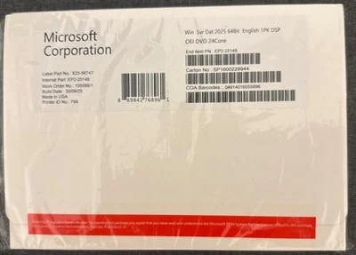Win 2025 Server Datacenter 64-Bit 24 Core DVD & Factory Sealed - Image 1 of 2
