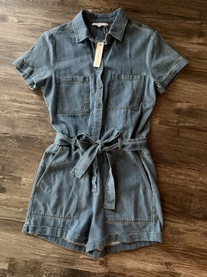 Romper jeans Olivaceous manga curta com cinto tamanho pequeno novo com etiquetas - Imagem 1 de 4