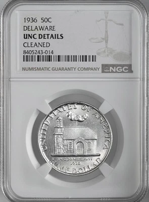 1936  50C DELAWARE SILVER HALF DOLLAR  NGC UNC DETAILS "CLEANED" #8405243-014 - Image 1 of 4