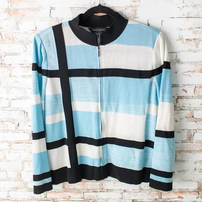 Ming Wang Women’s Petite Large Zip Front Knit Jacket Blue White Black Geometric - Image 1 of 4