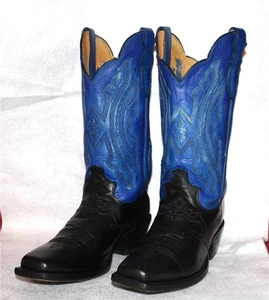 JUSTIN BRIGHT BLUE & NAVY FANCY TOP WOMEN'S LEATHER WESTERN BOOTS; 9-B - EUC - Picture 1 of 17