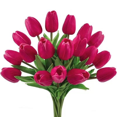 18 PCS Rose Red Artificial Tulips Faux Tulip Real Touch Fake Flowers Bouquets - Image 1 of 4
