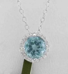 GENUINE 1.16 Cts AQUAMARINE & W/SAPPHIRES NECKLACE .925 Sterling Silver - NWT - Picture 1 of 3