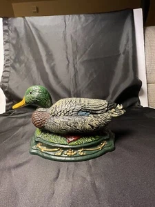Vintage Collectible Cast Iron Detailed Mallard Duck Door Stop Colored Decor Nice - Picture 1 of 8