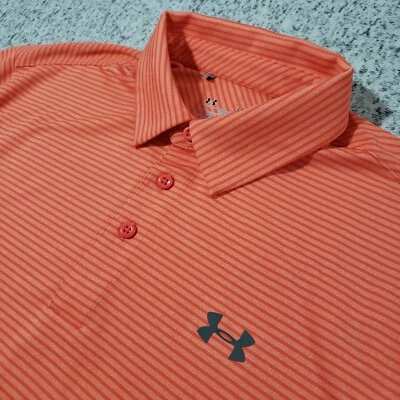 Camisa Polo Under Armour Para Hombres L Suelta Heat Gear Manga Corta Naranja Neón Rayas Foto 1 de 4