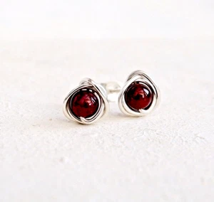 Garnet Stud Earrings Handmade Sterling Silver January Birthstone Gift Wrapped - Picture 1 of 7
