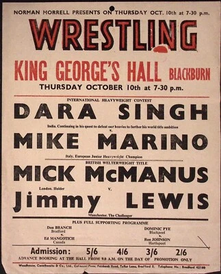 Póster de evento promocional británico de lucha libre Dara Singh Norman Morrell década de 1950 Foto 1 de 2