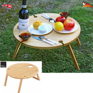Bamboo Picnic Table With Wine Glass Holder Rack Folding Tray Outdoor Portable AU