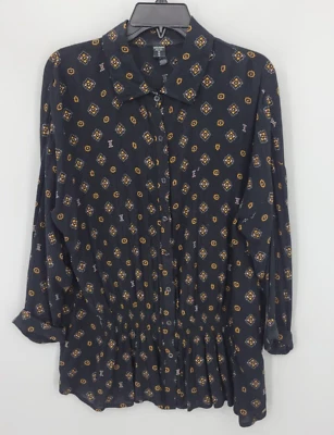 Volcom Top Womens Medium Black tribal Boho Print Long Sleeve Button Up Flosy - Image 1 of 4