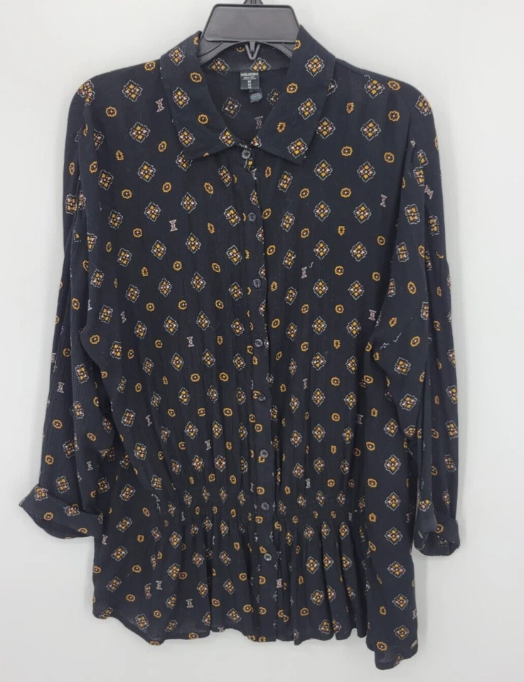 Volcom Top Womens Medium Black tribal Boho Print Long Sleeve Button Up Flosy - Image 1 of 4