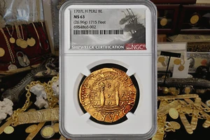 FINEST KN NGC PERU 1707 8 ESCUDOS "1715 FLEET SHIPWRECK" NGC 63 PIRATE GOLD COIN - Picture 1 of 12