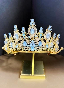 Princess Flower Crown, Floral Tiara, Birthday Party Crown, Blue Gemstone Tiara - Picture 1 of 8