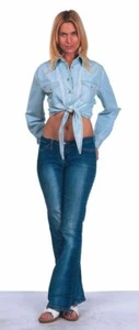 Women's Light Blue Front Tie and Pockets Long Sleeve Button Up Denim Shirt  - Picture 1 of 6