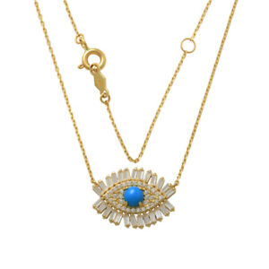  Solid 14k Evil Eye Necklace Real Gold Blue Turquoise Baguette Charm Pendant 