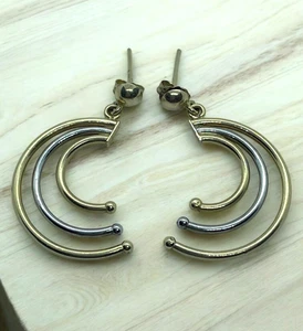 VTG 14K Gold Earrings Two Tone Triple Open Tube Half Hoop Stud Post Ball 3.56g - Picture 1 of 7