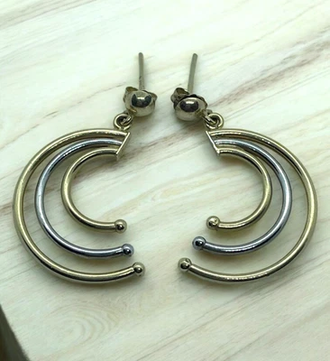 VTG 14K Gold Earrings Two Tone Triple Open Tube Half Hoop Stud Post Ball 3.56g - Image 1 of 4