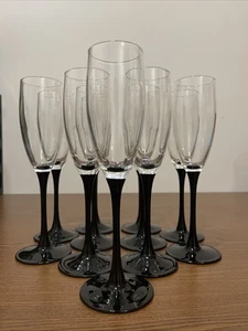 Durand France Luminarc Domino Black Stem - 11 Fluted Champagne Goblets 8-3/4" - Picture 1 of 8
