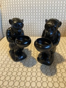 PAIR of 7" MONKEY FIGURINES HOLDING A CANDLE/INCENSE BOWL Very Heavy - Picture 1 of 15