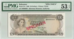 BAHAMAS $20 Dollars 1968, P-31s SPECIMEN, PMG 53 EPQ Orig AU, Monetary Authority - Picture 1 of 2