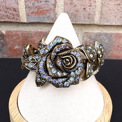 Heidi Daus Rose Elegance Flower Cuff Bracelet Blue Crystal Floral Stunning - Image 1 of 4