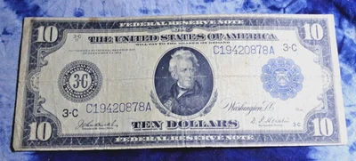 US 1914 FEDERAL RESERVE NOTE $10 (TEN) DOLLAR (U-GRADE) CIRCULATED W/WEAR, FOLDS - Image 1 of 4