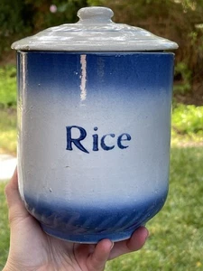 RICE Antique primitive stoneware salt glaze blue & white jar canister crock - Picture 1 of 17