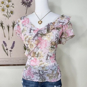 Vintage 90s Y2k Pink Floral Sheer Mesh Lace Ruffle Top Fairy Grunge Romantic L - Picture 1 of 5