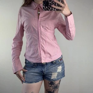 Y2K vintage stretchy hook and eye shirt long sleeve keyhole structured stitching - Picture 1 of 10