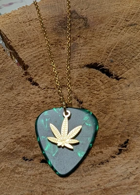 Guitar Pick Necklace with Hemp Leaf,  Marijuana Charm, Fun Gift - Image 1 of 2