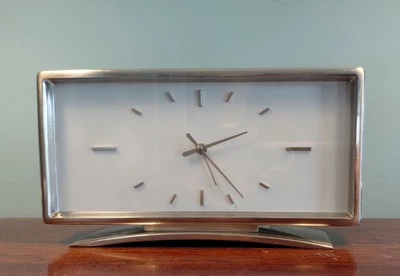 VTG Silver Minimalist Modern Mantel Shelf Desk Alarm Clock Pottery Barn 7.5 x 4" - Image 1 of 4