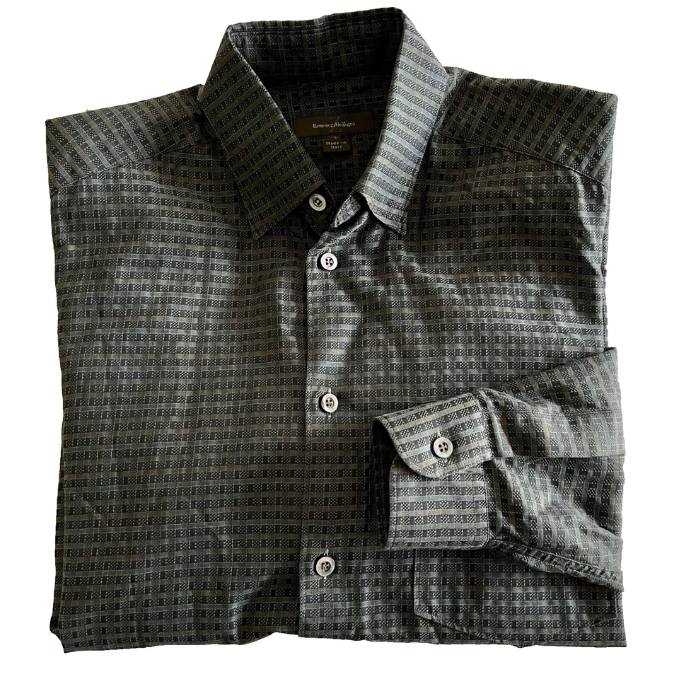 Ermenegildo Zegna Men's 15.5" x 34"/35" Green L/S Patterned Shirt Made in Italy - Image 1 of 4