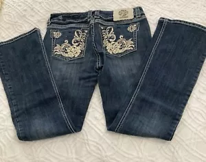 L.A. Idol USA Women 9 Rhinestone Denim Jeans 31x33 Bling Bootcut White Stitch - Picture 1 of 23
