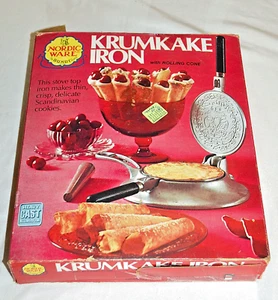 Vintage Scandinavian Nordic Ware Krumkake Iron with Wood Handle + Stand In Box - Picture 1 of 11