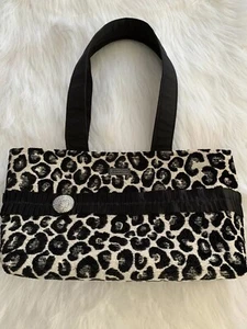 Leopard Animal Print Fabric Shoulder Bag Black/White Red Lining - Picture 1 of 12