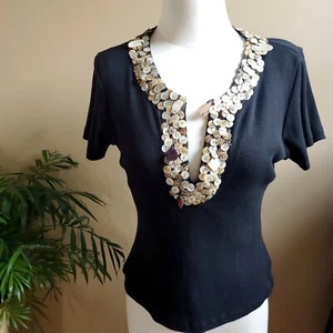 Cordelia Black Mother of Pearl Button Beaded Knit Top Shirt Womens M V Neck - Picture 1 of 5
