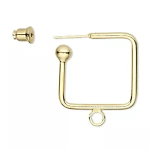 8 Bright Gold Square Hoops Earring Bead Findings with Loop Barrel Clutch Backs - Picture 1 of 3