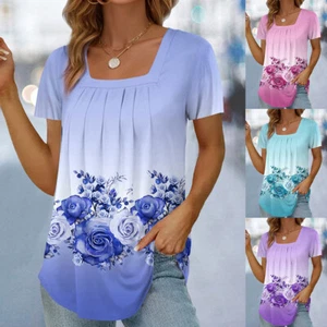 Plus Size Women Floral Gradient Tunic Tops Summer Short Sleeve T-Shirt Blouse - Picture 1 of 14