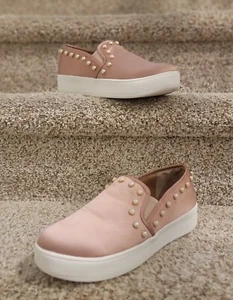 Size 6.5 Steve Madden Genette Pink Satin Slip on Platform Sneakers with Pearls - Picture 1 of 7