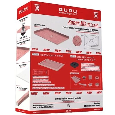 GURU USA SuperKit Kit de Chuveiro Quadrado, Bandeja, Membrana Water-Stop, 36" X 60" - Imagem 1 de 4