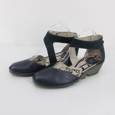 Fly London Pats Sandals Womens US 7 EU 37 Ankle Strap Leather Wedge Heels Blue - Image 1 of 4