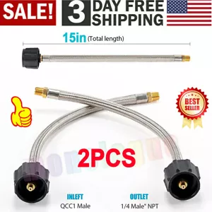 2PCS 15 In Male 1/4" NPT QCC1 RV LP Propane Pigtail Hoses with Gauge Connector - Picture 1 of 8