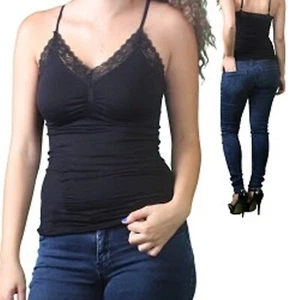 Schwarzes Stretch-Spaghettiträgertop mit Spitzenbesatz Cami Taille für Damen, Einheitsgröße - Bild 1 von 11