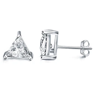 Triangle Earring 925 Sterling Silver 3 Prong Cubic Zirconia Stud Earring Gold - Picture 1 of 53