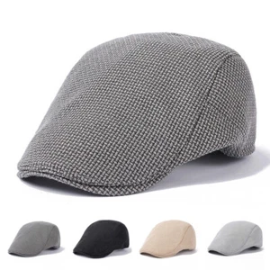 Men Linen Adjustable Duckbill Flat Peaked Cap Solid Color Ivy Newsboy Lined Hat - Picture 1 of 9