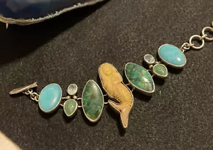 Bracciale Vintage Southwestern Argento 925 Elligatori Elli Gators Sirena Pietre Oceano - Foto 1 di 9