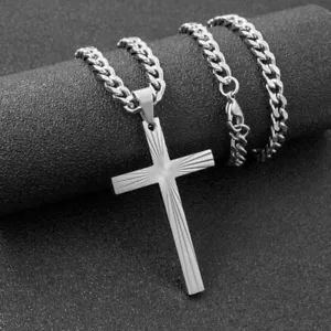 Men Cross Necklace Stainless Steel Silver Rays Pendant Cuban Link Chain Gift - Picture 1 of 11