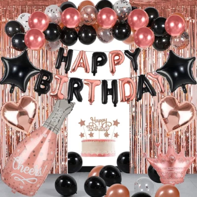 Rose Gold Black Happy Birthday Party Decorations for Women Girls, Decor Set — 第 1/4 张图片