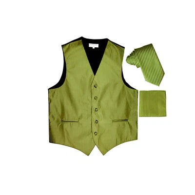New Men's Tuxedo Vest Vertical Stripes Necktie Hankie set party Spinach Green - Image 1 of 4