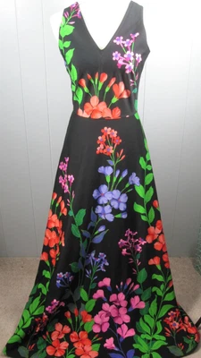 Vestido Tori Richard Mujer 10 Negro Floral H814575 Vintage Maxi Doble Cuello en V Raro Foto 1 de 4